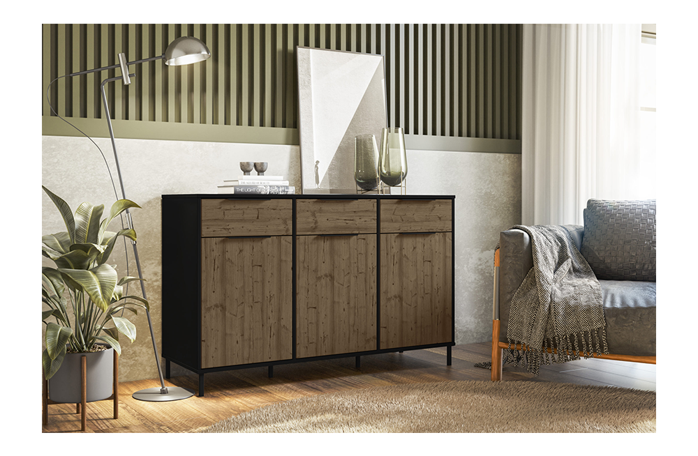 Madrid 3 Door Sideboard Black/Acacia Effect