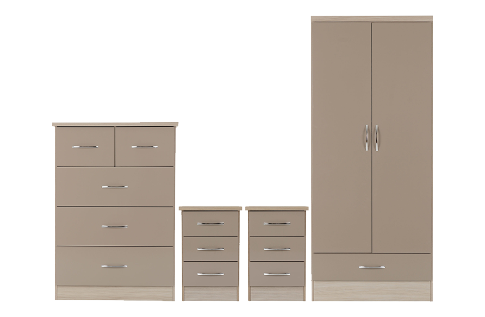 Nevada 2 Door 1 Drawer Wardrobe Bedroom Set Oyster Gloss/Light Oak Effect Veneer
