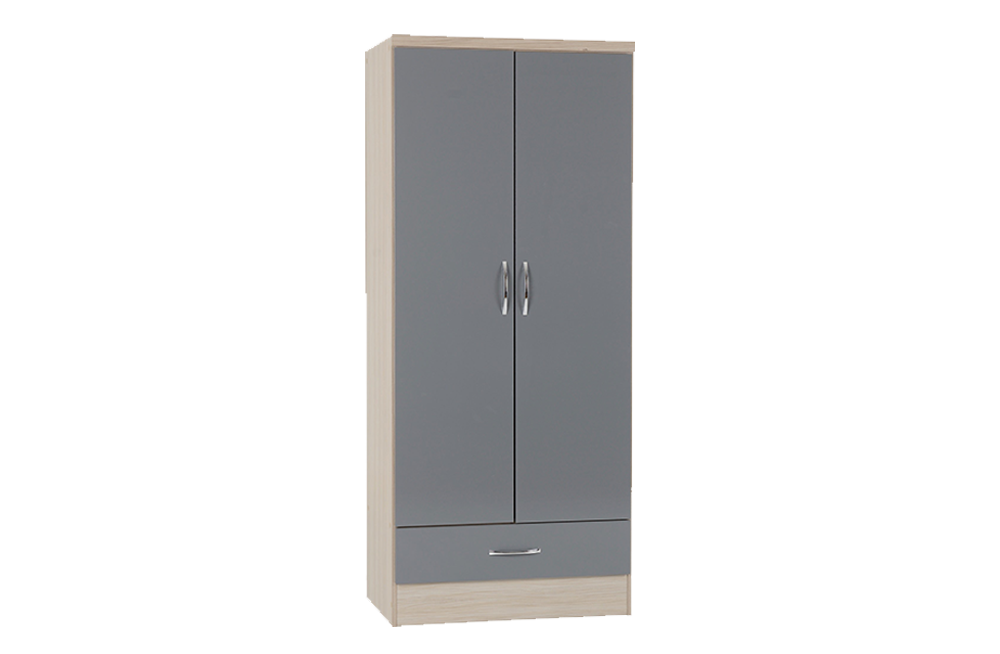 Nevada 2 Door 1 Drawer Wardrobe - Grey Gloss/Light Oak Effect Veneer - furnishopuk