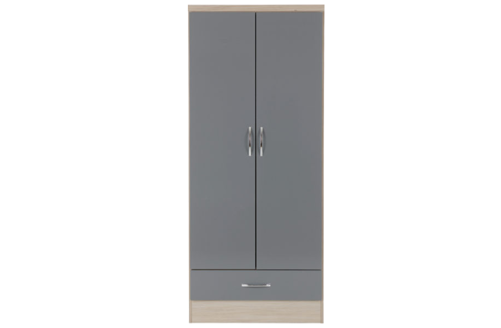 Nevada 2 Door 1 Drawer Wardrobe - Grey Gloss/Light Oak Effect Veneer - furnishopuk