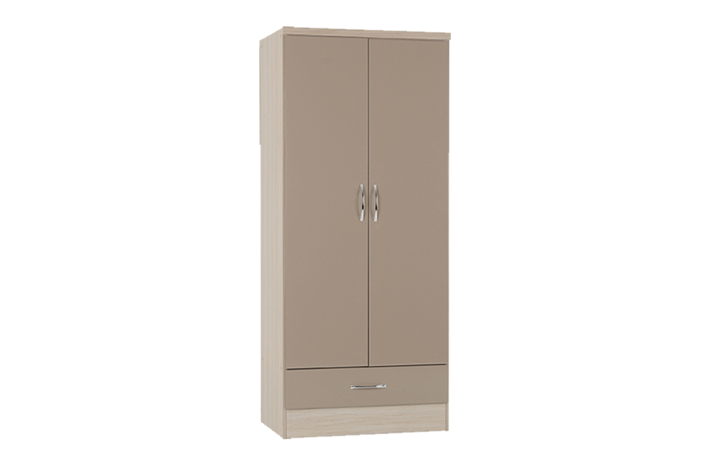 Nevada 2 Door 1 Drawer Wardrobe - Oyster Gloss/Light Oak Effect Veneer - furnishopuk