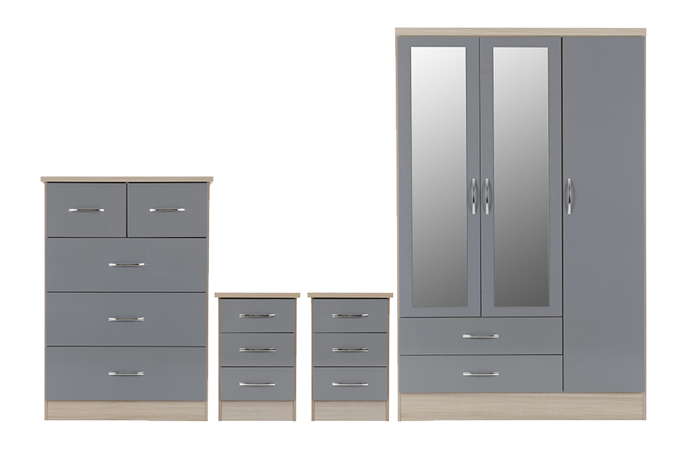 Nevada 3 Door 2 Drawer Mirrored Wardrobe Bedroom Set Grey Gloss/Light Oak Effect Veneer