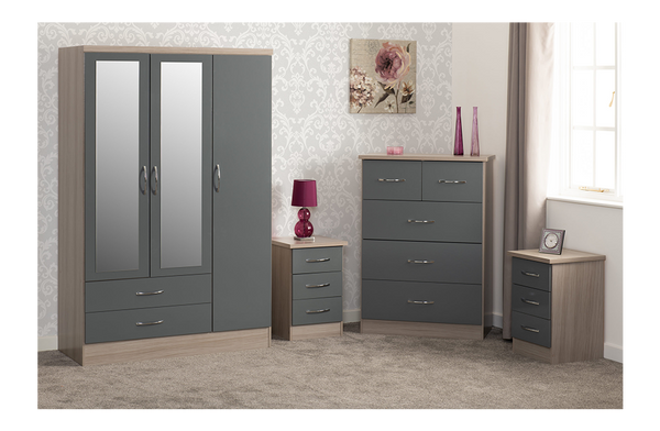 Nevada 3 Door 2 Drawer Mirrored Wardrobe Bedroom Set Grey Gloss Light