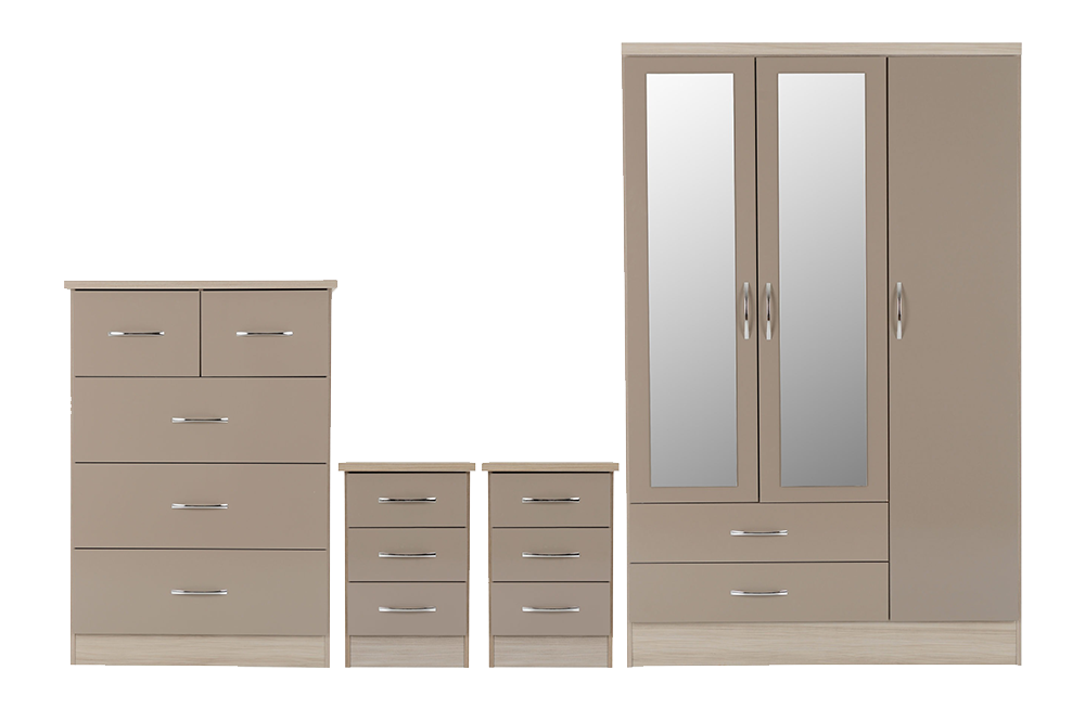 Nevada 3 Door 2 Drawer Mirrored Wardrobe Bedroom Set Oyster Gloss/Light Oak Effect Veneer