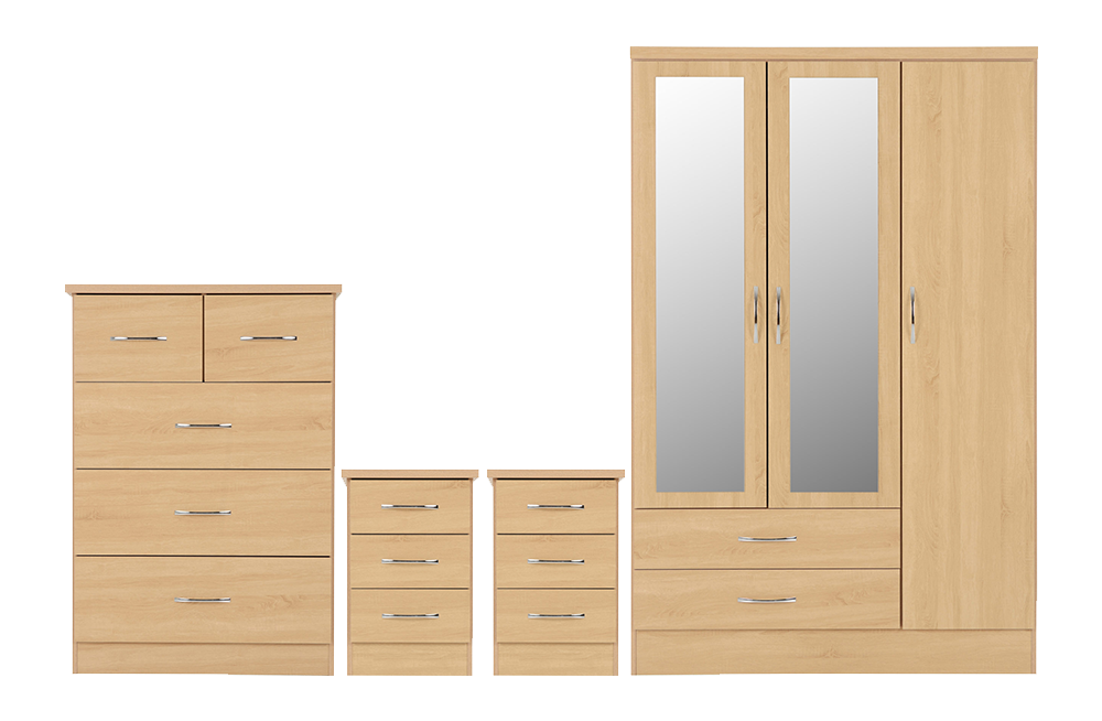 Nevada 3 Door 2 Drawer Mirrored Wardrobe Bedroom Set Sonoma Oak Effect