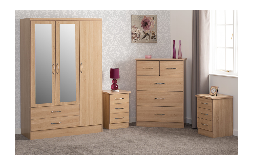 Nevada 3 Door 2 Drawer Mirrored Wardrobe Bedroom Set Sonoma Oak Effect