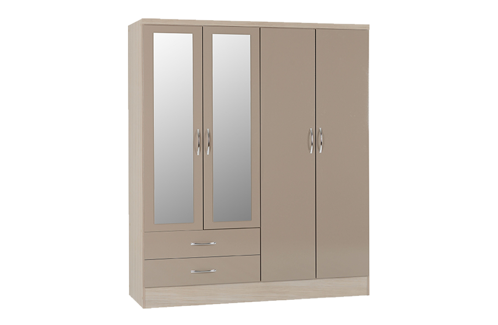 Nevada 4 Door 2 Drawer Mirrored Wardrobe - Oyster Gloss/Light Oak Effect Veneer - furnishopuk
