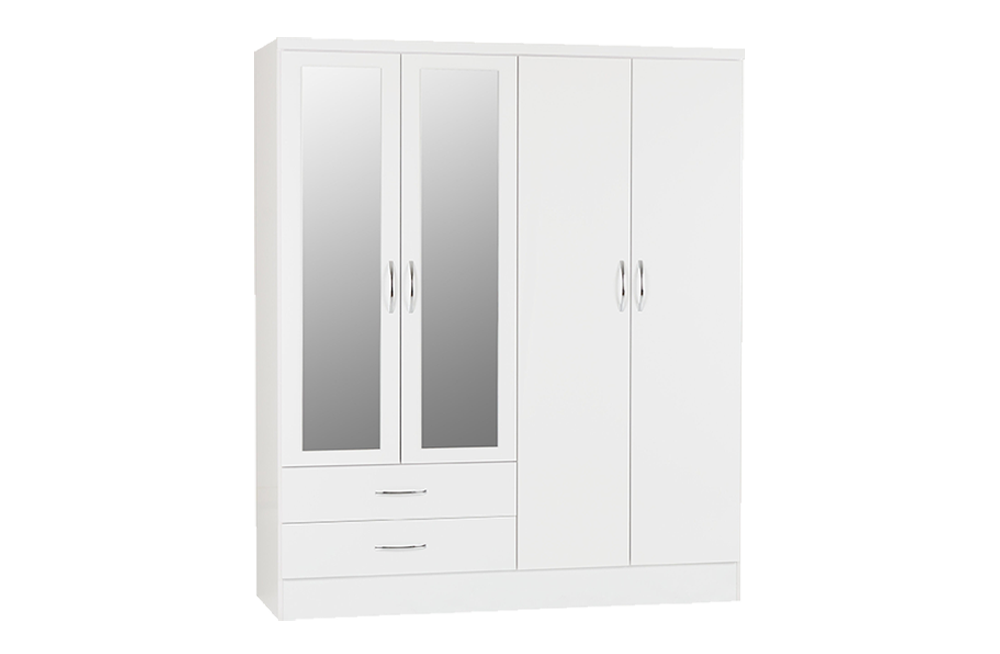 Nevada 4 Door 2 Drawer Mirrored Wardrobe - White Gloss