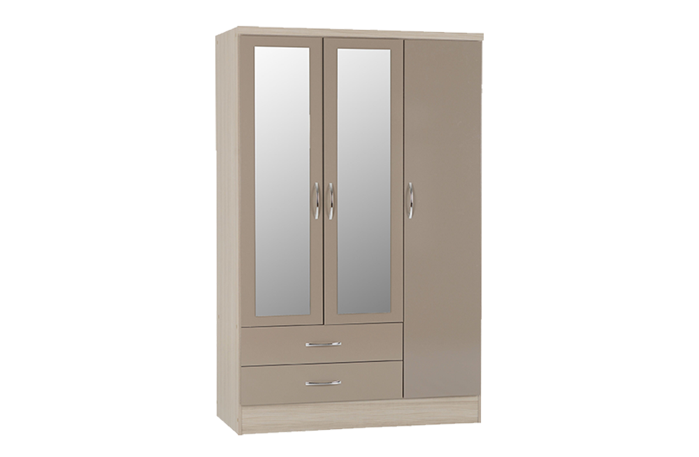 Nevada 3 Door 2 Drawer Mirrored Wardrobe - Oyster Gloss/Light Oak Effect Veneer