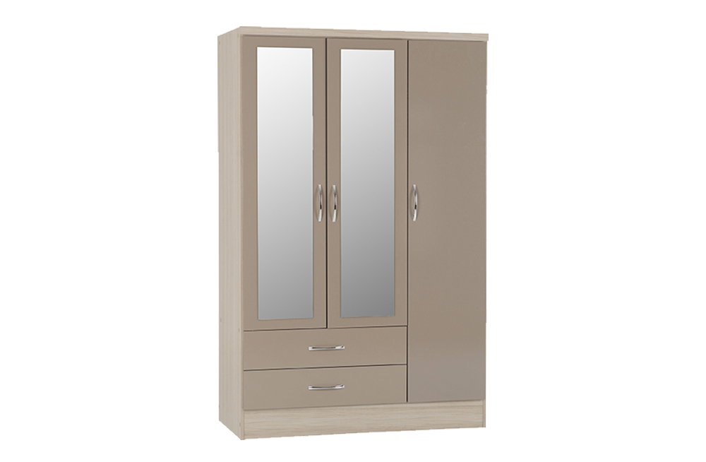 Nevada 3 Door 2 Drawer Mirrored Wardrobe - Oyster Gloss/Light Oak Effect Veneer - furnishopuk