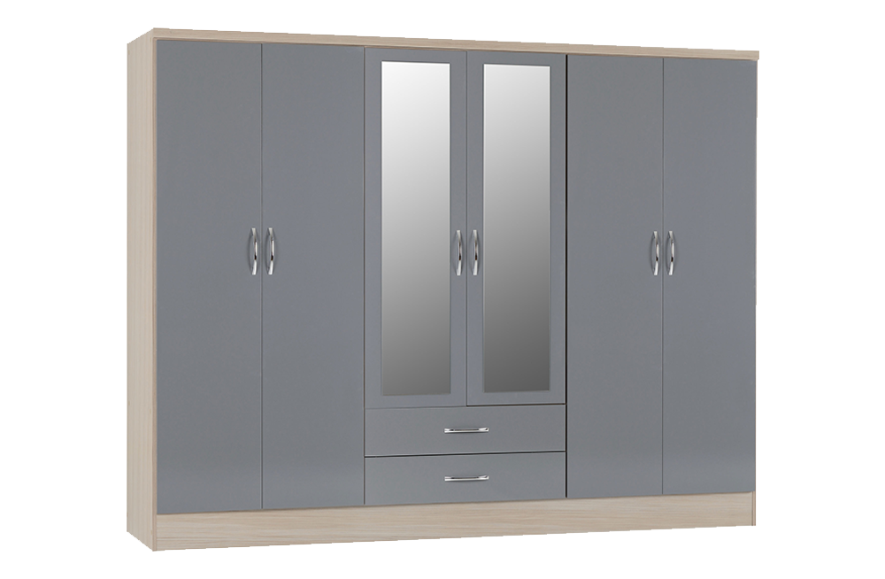 Nevada 6 Door 2 Drawer Mirrored Wardrobe Grey Gloss/Light Oak Effect Veneer