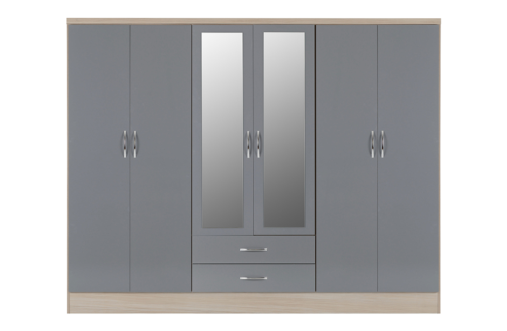 Nevada 6 Door 2 Drawer Mirrored Wardrobe Grey Gloss/Light Oak Effect Veneer