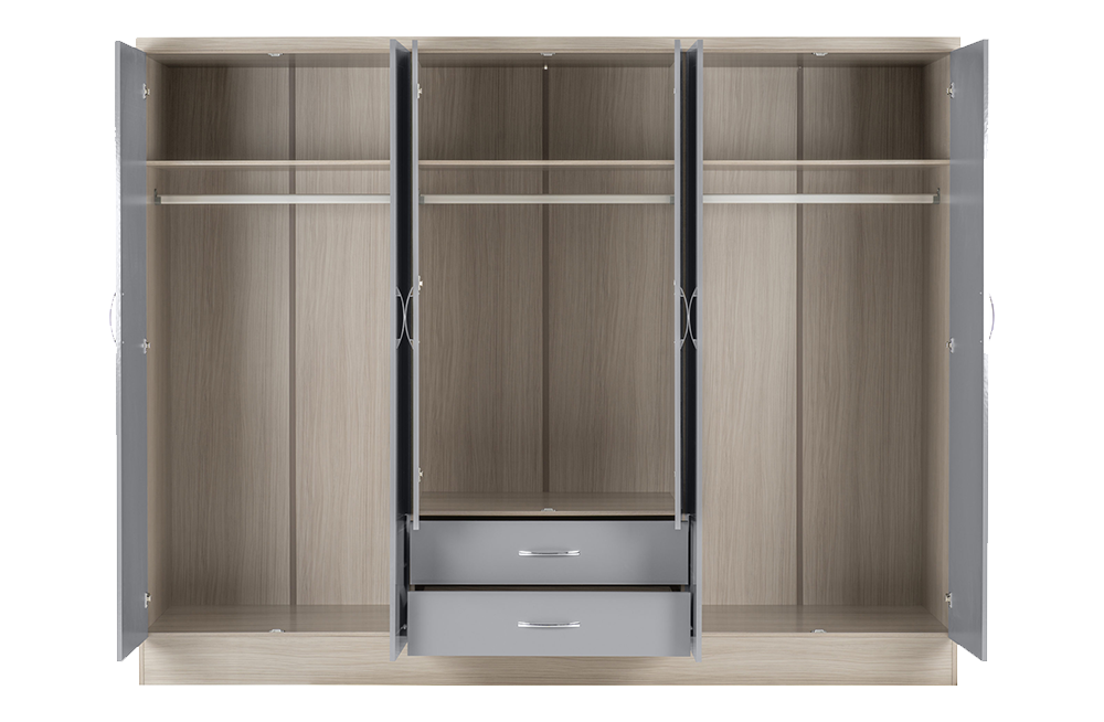 Nevada 6 Door 2 Drawer Mirrored Wardrobe Grey Gloss/Light Oak Effect Veneer