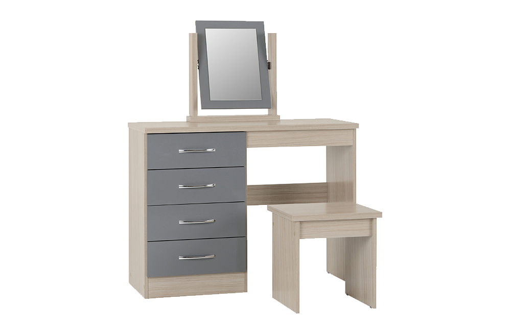 Nevada 4 Drawer Dressing Table Set - Grey Gloss/Light Oak Effect Veneer - furnishopuk