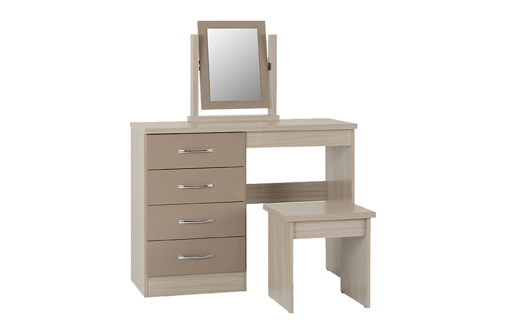 Nevada 4 Drawer Dressing Table Set - Oyster Gloss/Light Oak Effect Veneer - furnishopuk