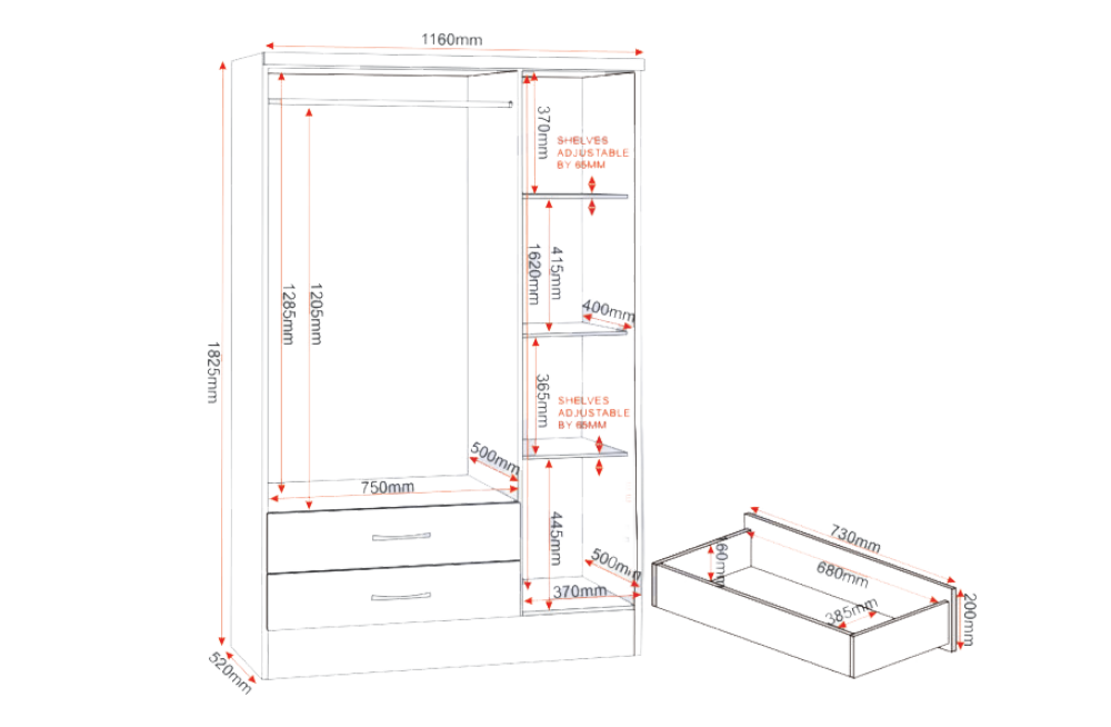 Nevada 3 Door 2 Drawer Mirrored Wardrobe Bedroom Set Sonoma Oak Effect