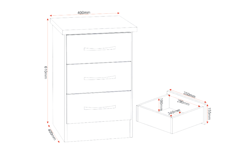 Nevada 3 Door 2 Drawer Mirrored Wardrobe Bedroom Set Grey Gloss/Light Oak Effect Veneer