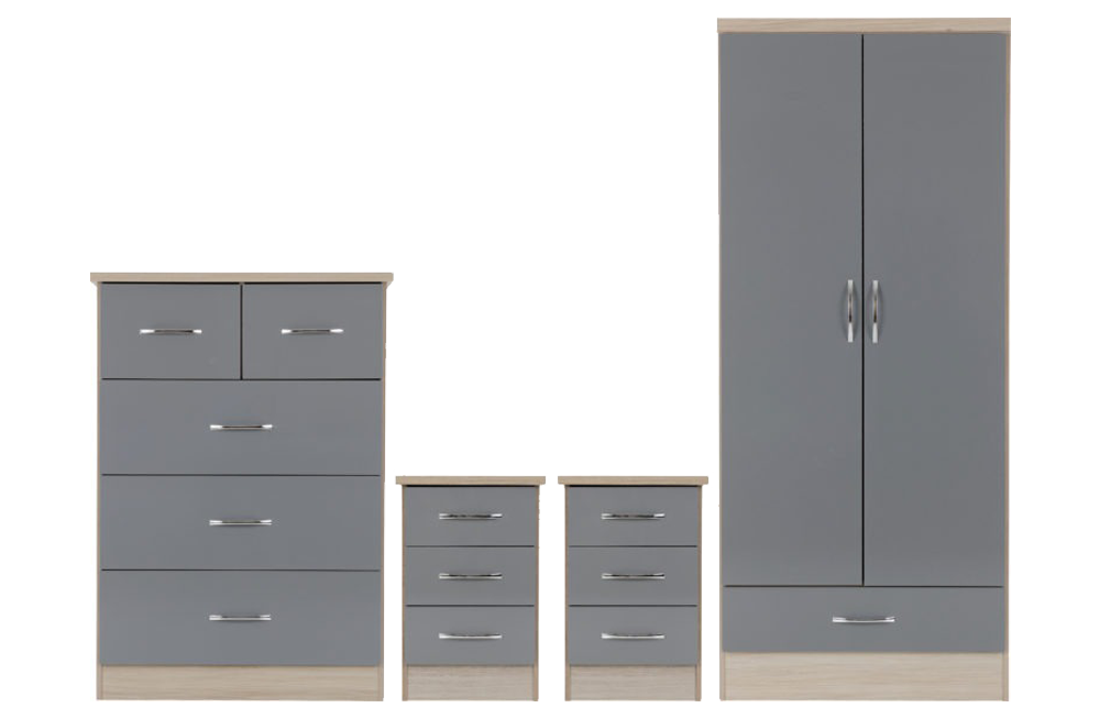 Nevada 2 Door 1 Drawer Wardrobe Bedroom Set Grey Gloss/Light Oak Effect Veneer