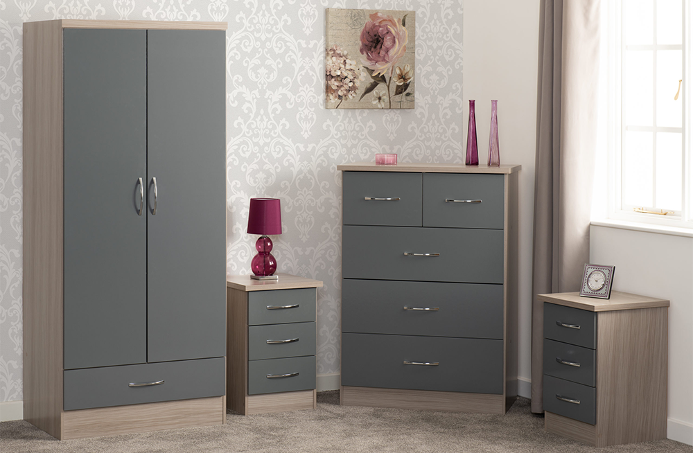 Nevada 2 Door 1 Drawer Wardrobe Bedroom Set Grey Gloss/Light Oak Effect Veneer