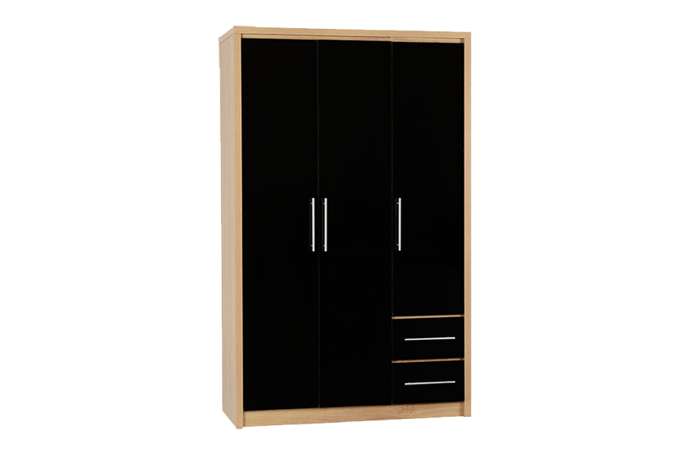 Seville 3 Door 2 Drawer Wardrobe - Black High Gloss/Light Oak Effect Veneer - furnishopuk