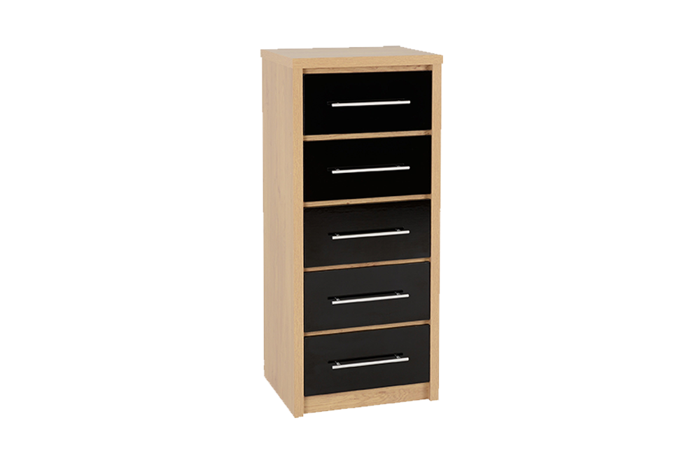 Seville 5 Drawer Narrow Chest - Black High Gloss/Light Oak Effect Veneer - furnishopuk