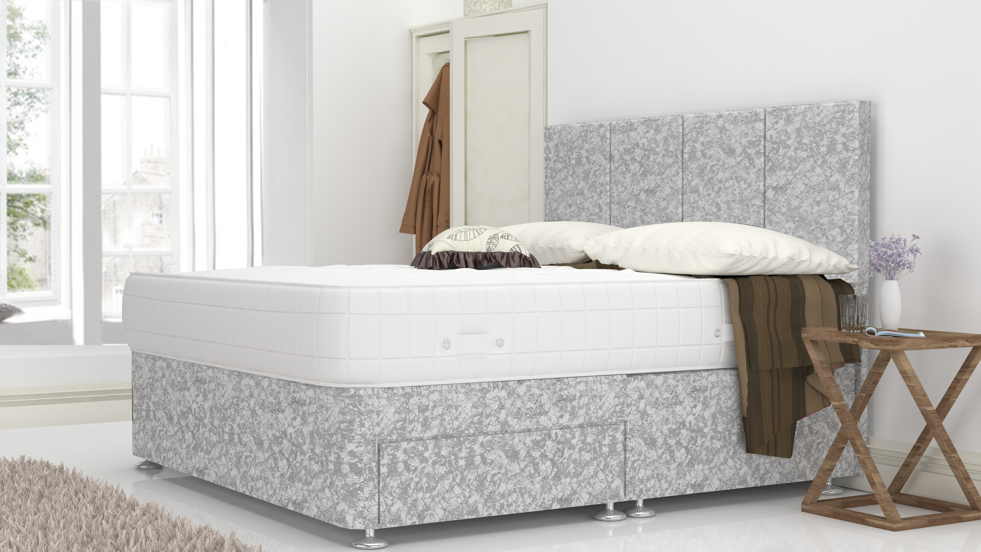 Silver Crushed 6 Feet Divan Bed Set With 4 Panel Headboard (Included Feet) And Free Tinsel Top Mattress