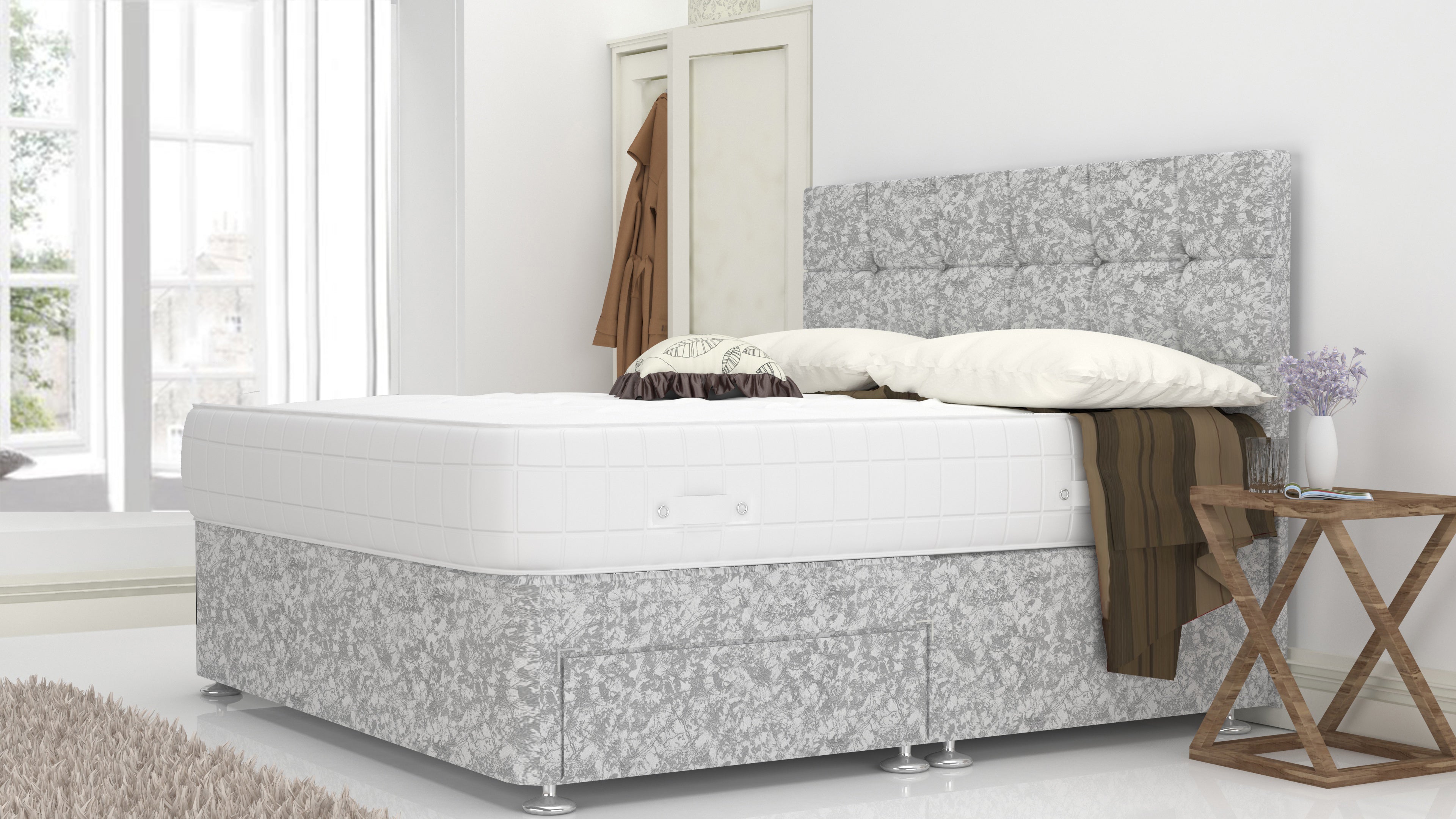 Silver Crushed 6 Feet Divan Bed Set With Cube Headboard (Included Feet) And Free Orthopedic Mattress