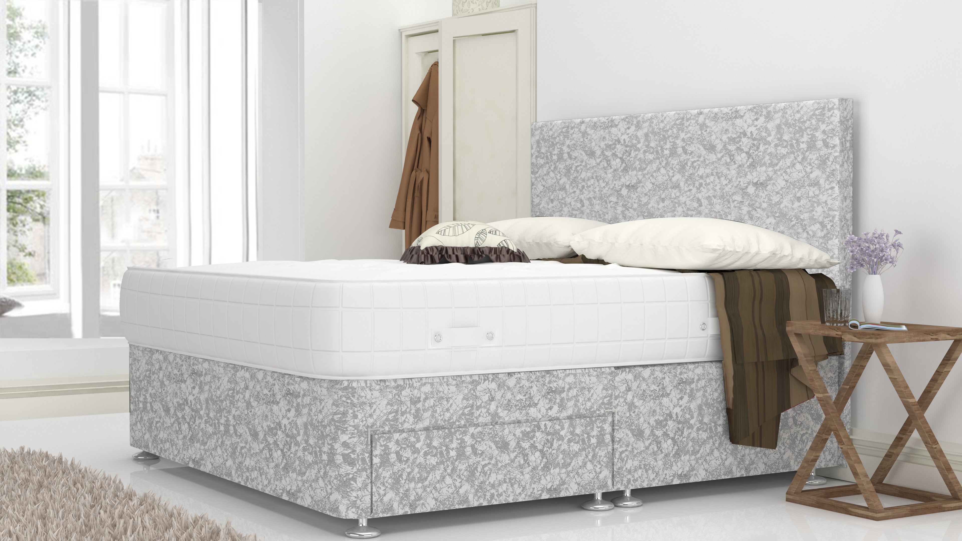 Silver Crushed 6 Feet Divan Bed Set With Plain Headboard Option (Included Feet) And Free Memory Foam Mattress