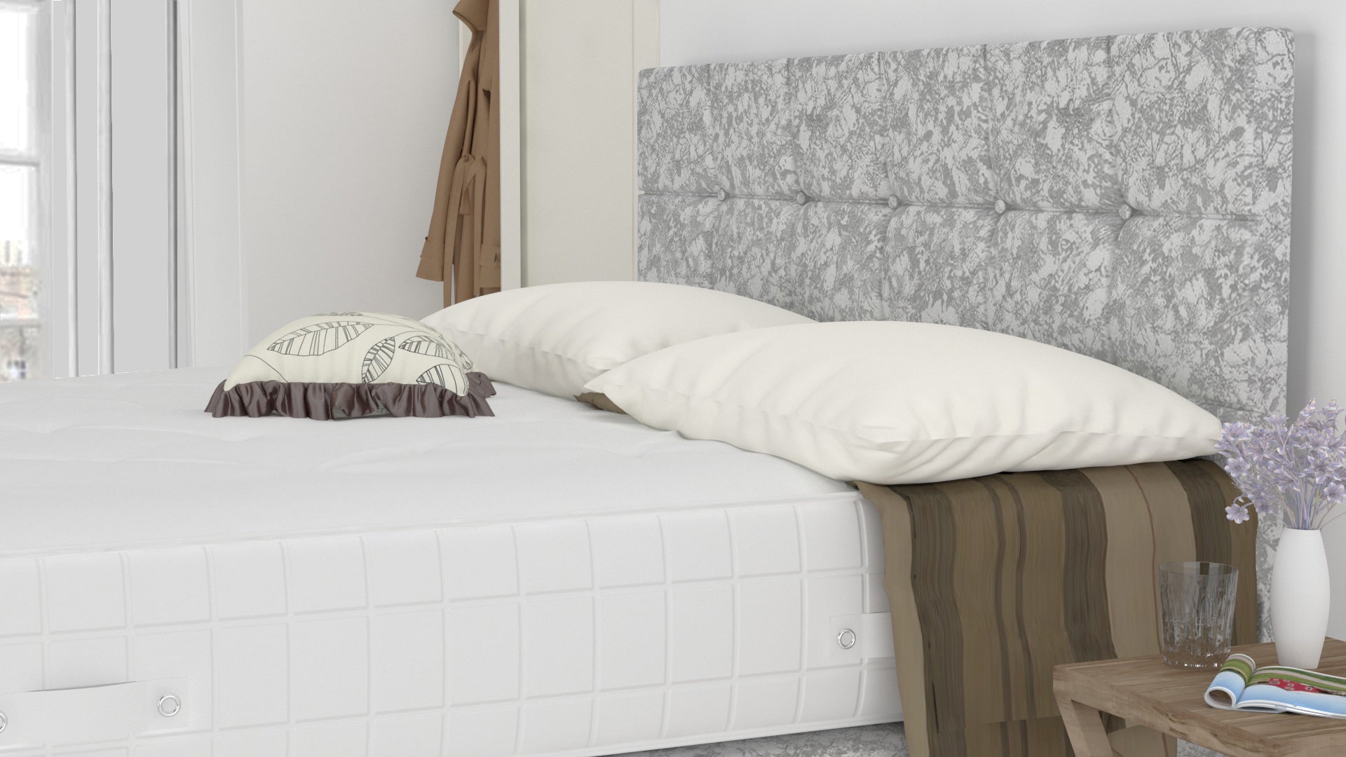 Silver Crushed 6 Feet Divan Bed Set With Cube Headboard (Included Feet) And Free Orthopedic Mattress