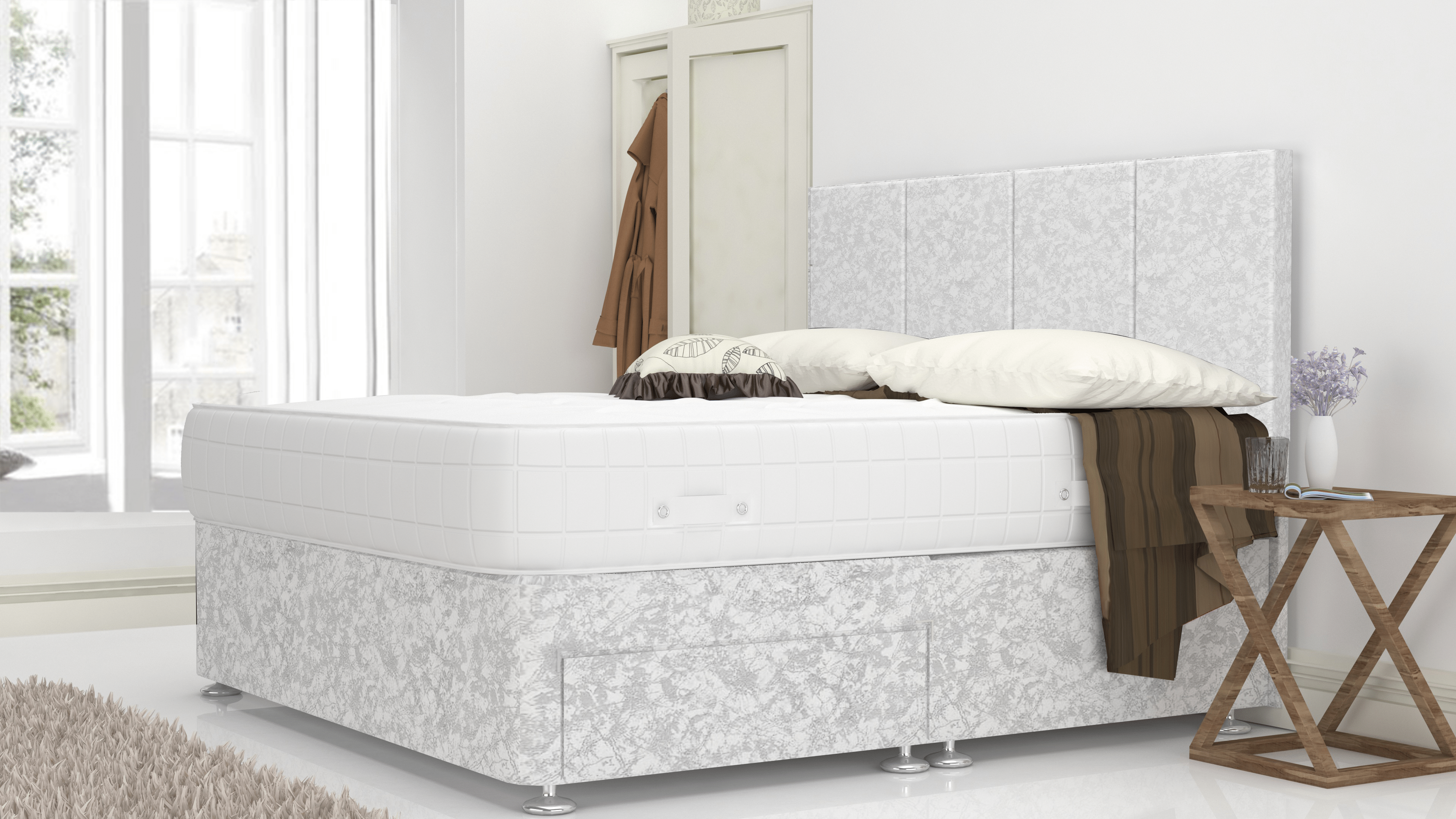 White Crushed Velvet Divan Bed With Free Tinsel Top Mattress