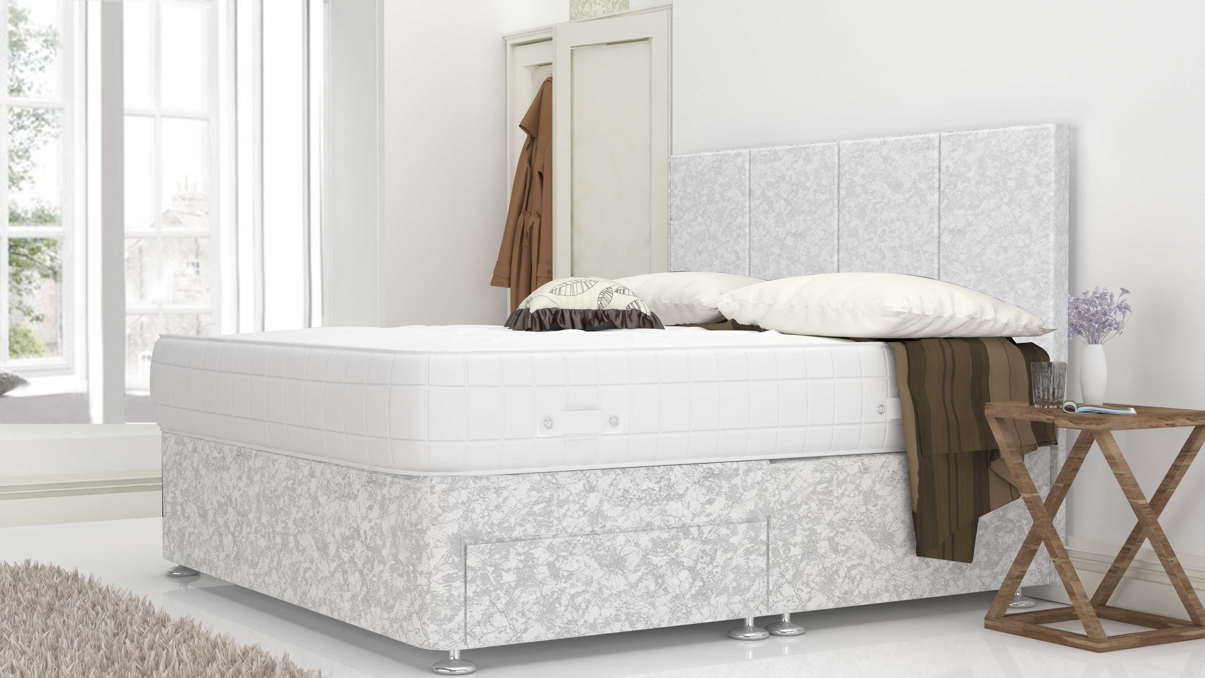 White Crushed Velvet 3 Feet Divan Bed With 4 Panel Headboard (Included Feet) And Free Tinsel Top Mattress