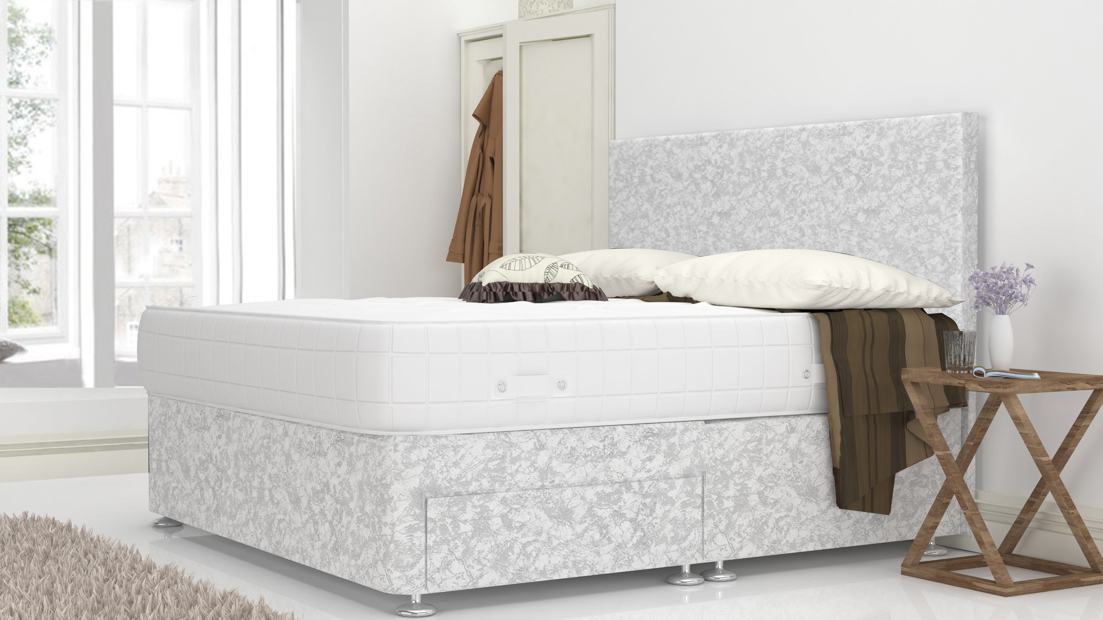 White Crushed Velvet 6 Feet Divan Bed With Plain Headboard (Included Feet) And Free Memory Foam Mattress