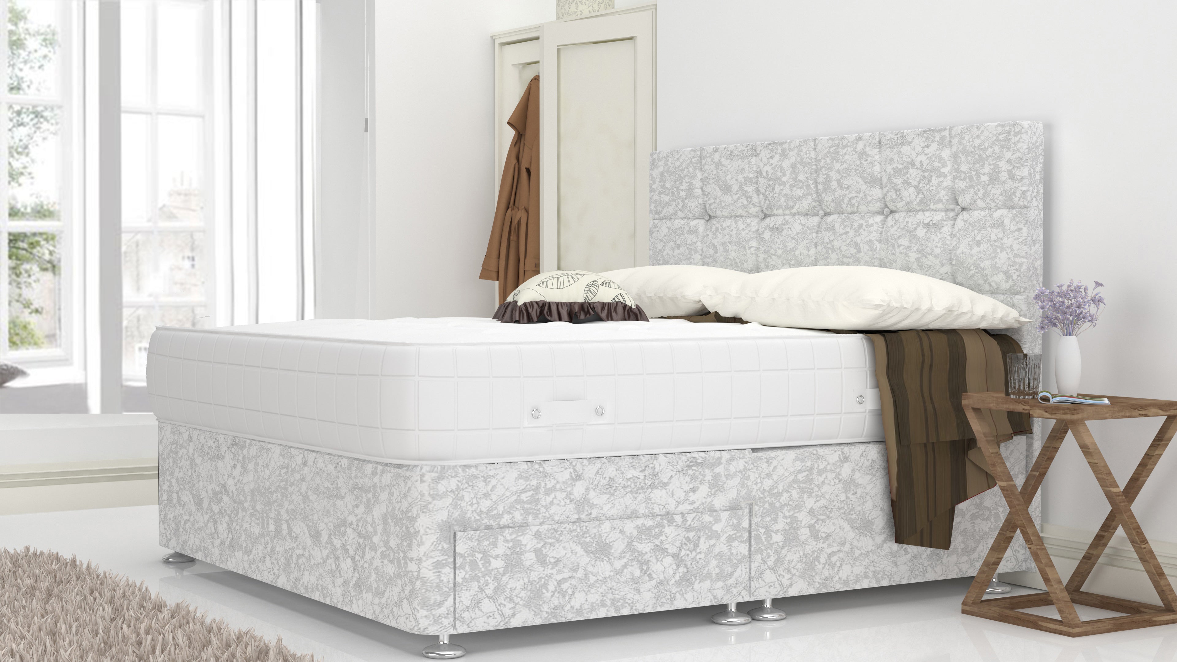 White Crushed Velvet 3 Feet Divan Bed With Cube Headboard (Included Feet) And Free Orthopedic Mattress