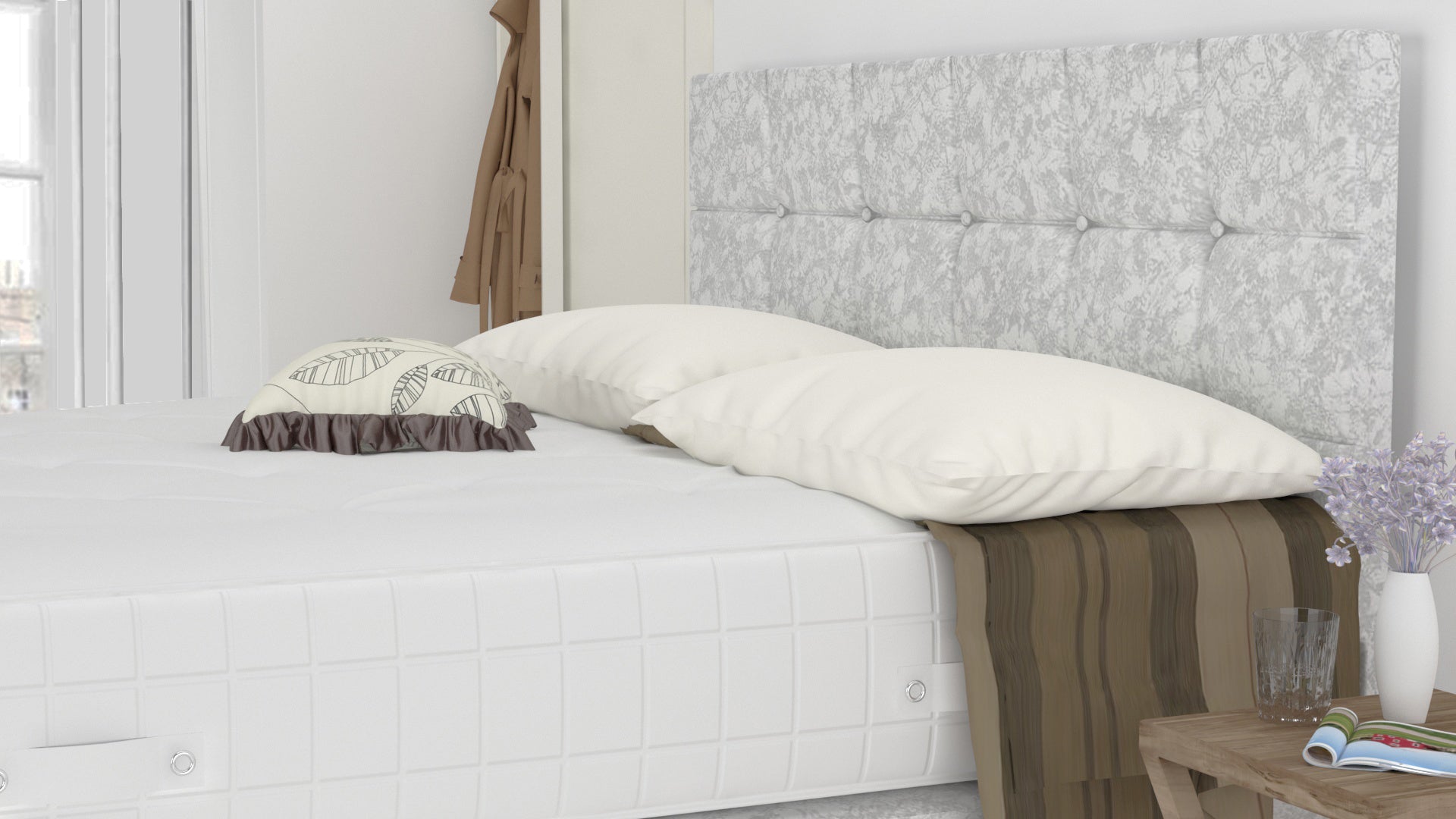 White Crushed Velvet 5 Feet Divan Bed With Cube Headboard (Included Feet) And Free Orthopedic Mattress