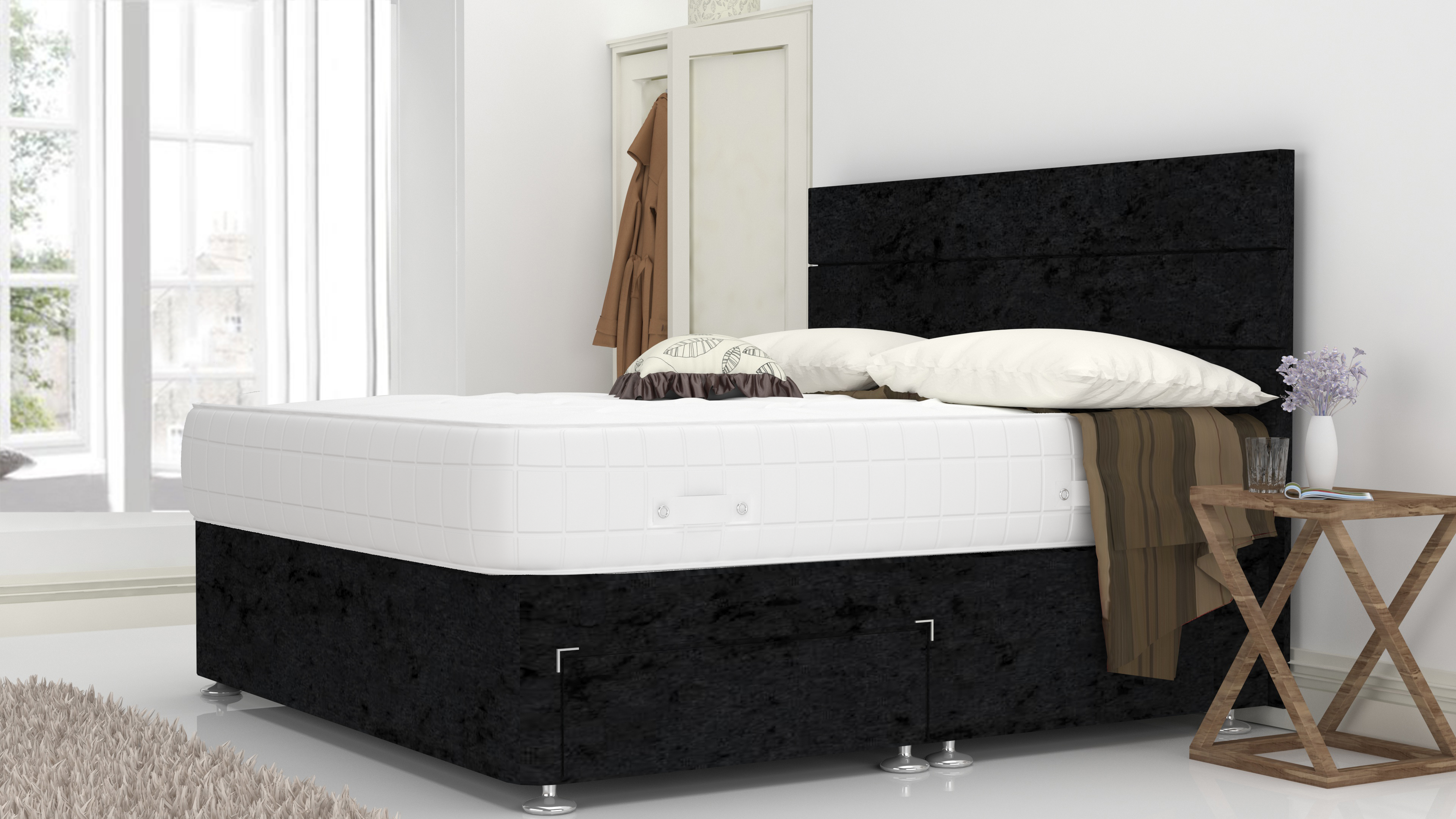 Black Crushed 5 Feet Divan Bed Set With 3 Panel Headboard (Included Feet) And Free Pillow Top Mattress