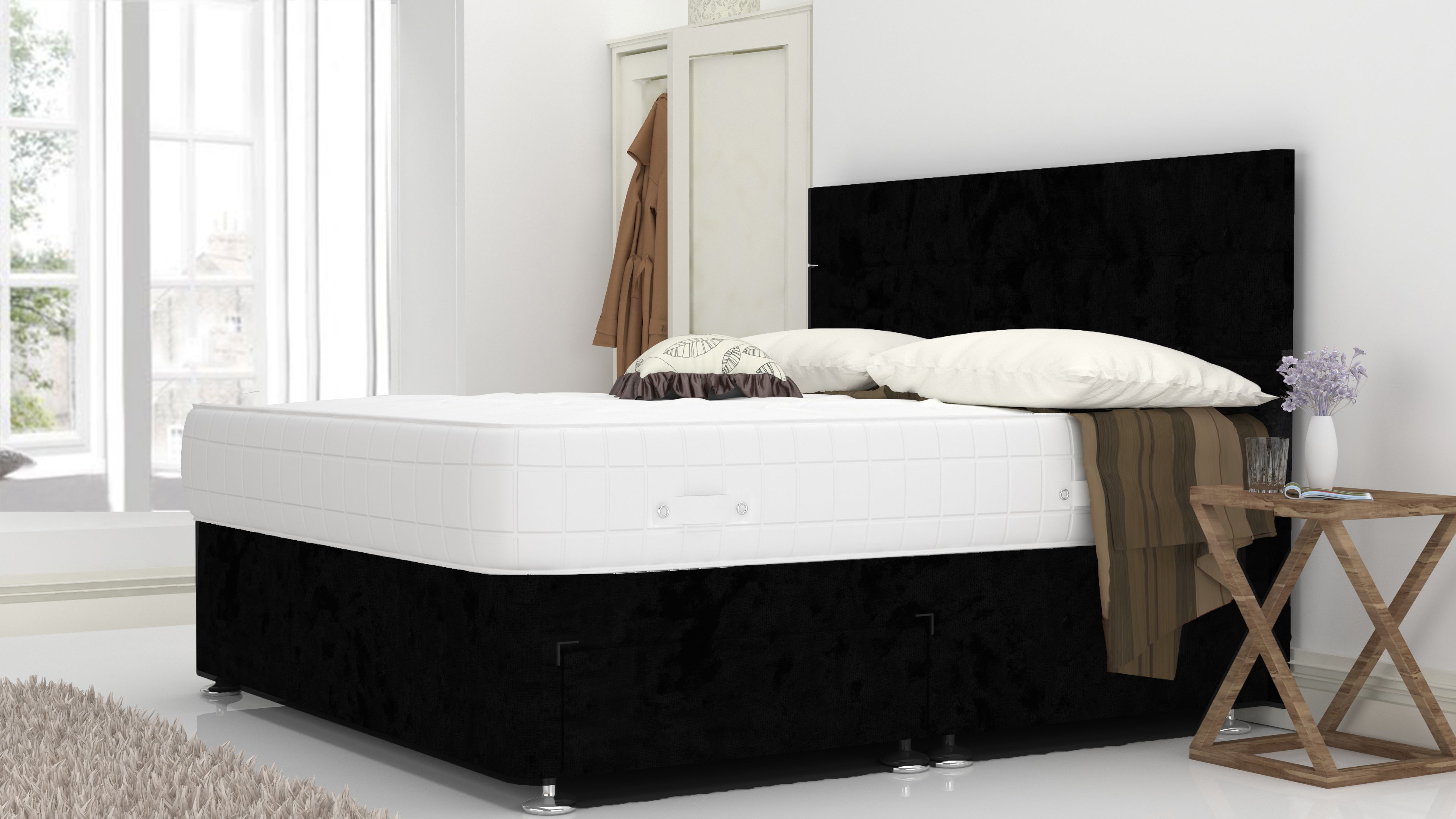 Black Crushed 4FT 6" Divan Bed Set With Cube Headboard (Included Feet) And Free Orthopedic Mattress