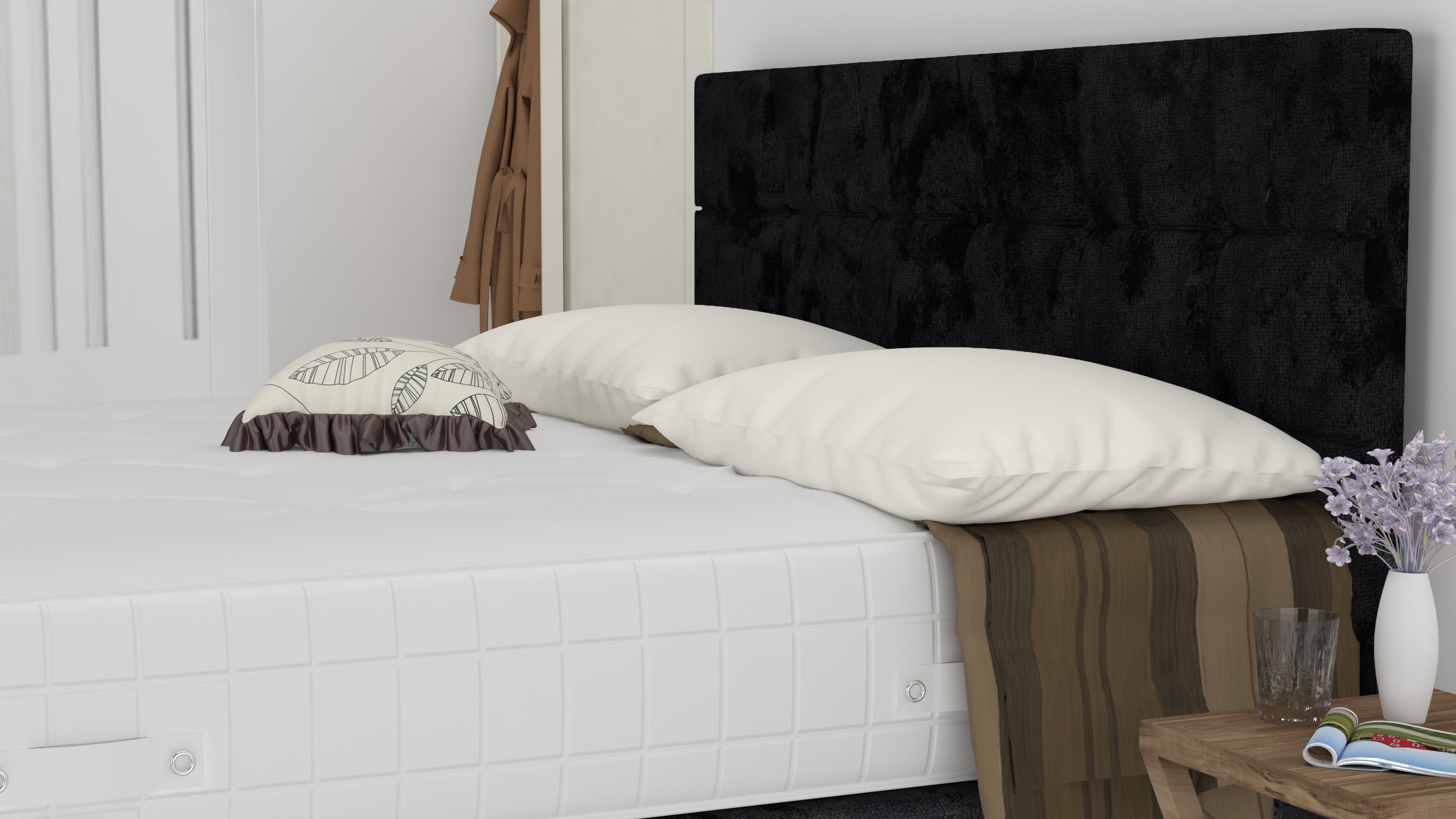 Black Crushed 6 Feet Divan Bed Set With Cube Headboard (Included Feet) And Free Orthopedic Mattress