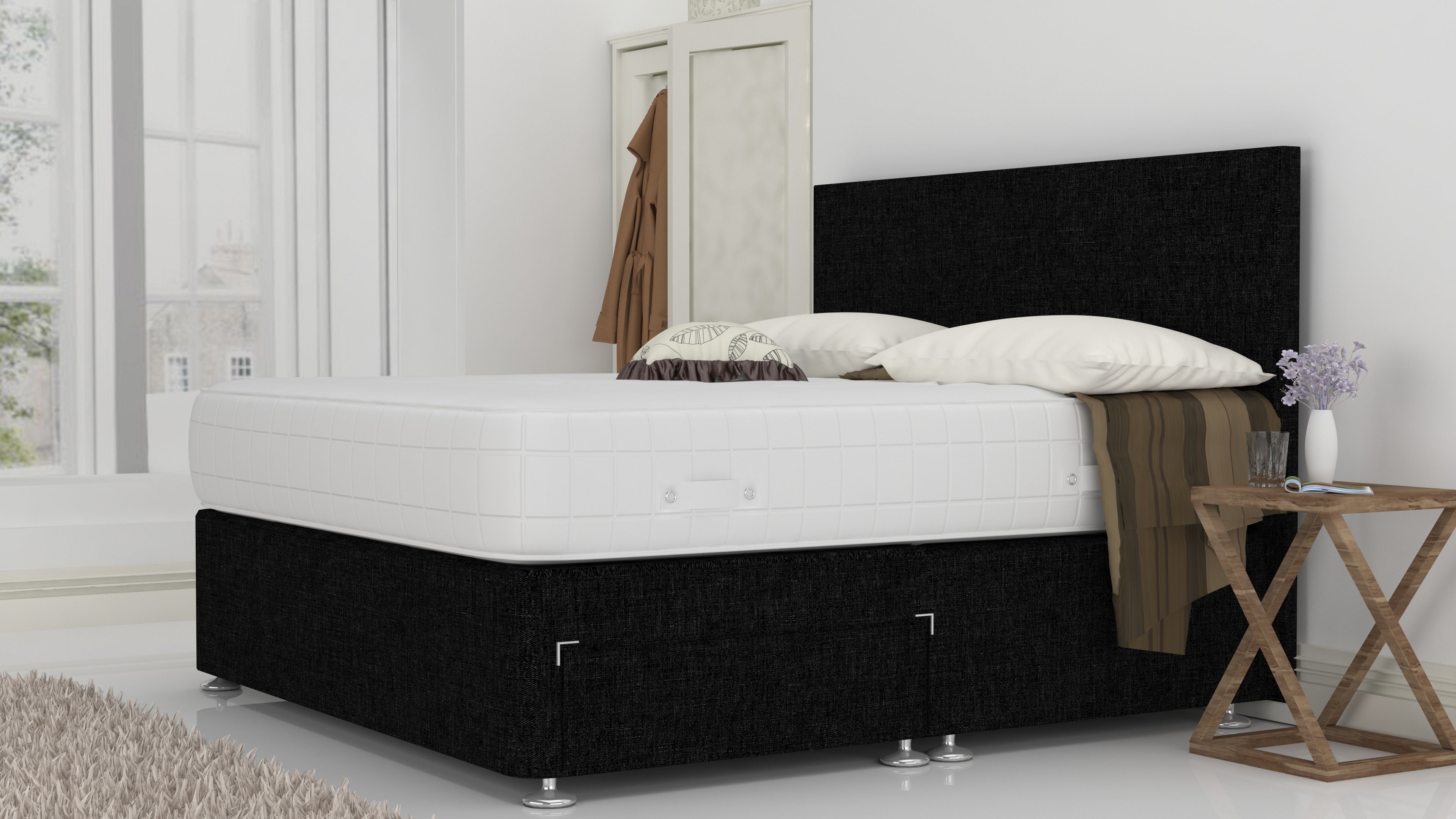Black Venice 6 Feet Divan Bed Set With Plain Headboard Option (Included Feet) And Free Memory Foam Mattress