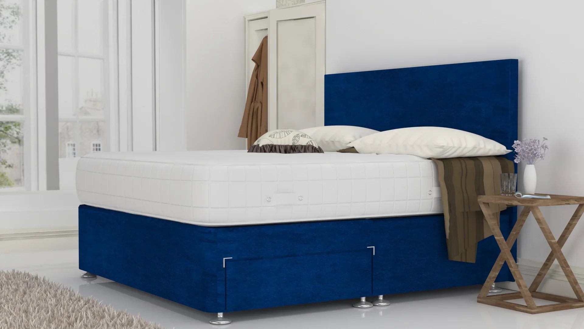 Blue Plush 6 Feet Divan Bed Set with Plain Headboard (Included Feet) Option And Free Memory Foam Mattress