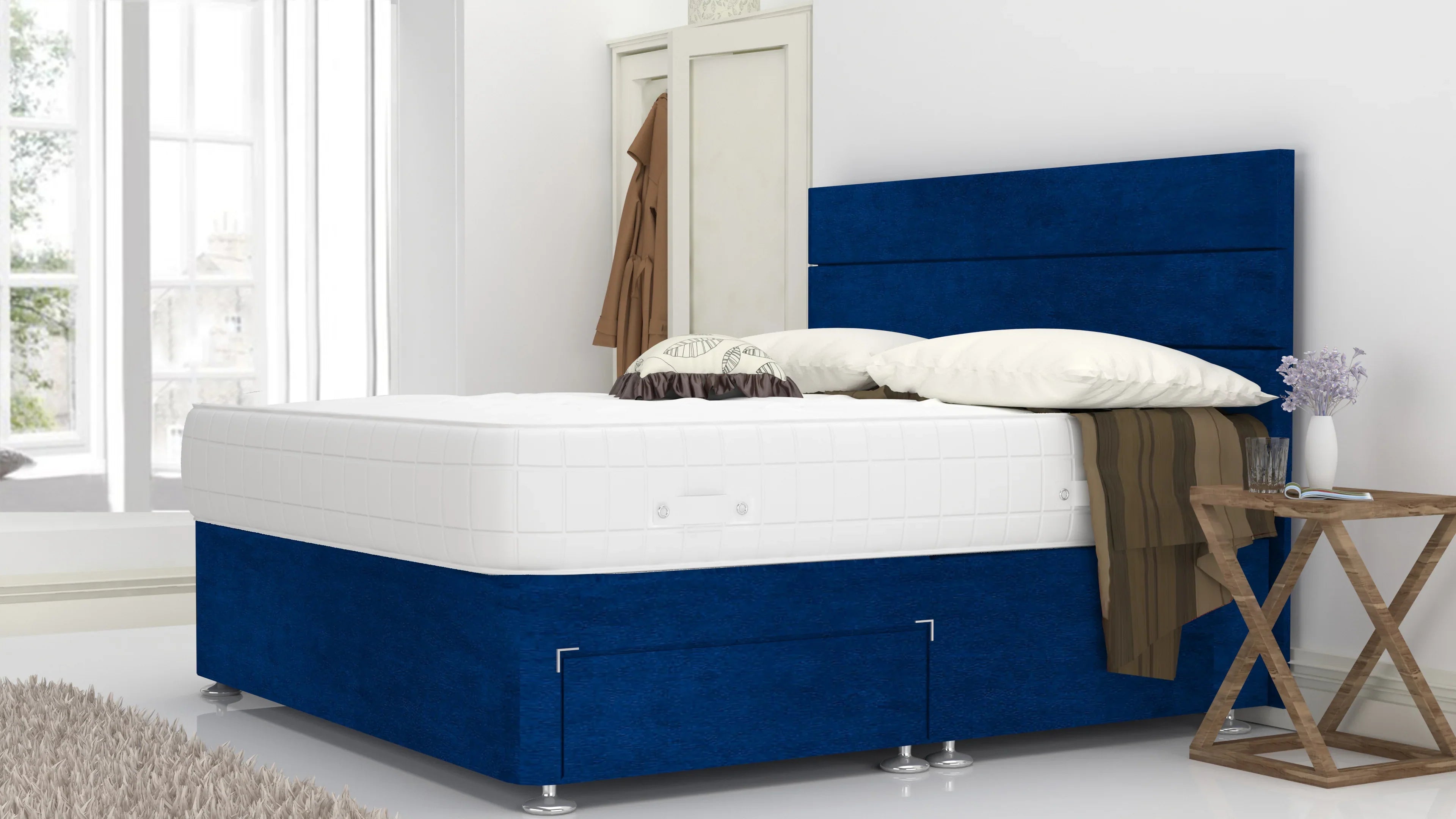 Blue Plush 6 Feet Divan Bed Set With 3 Panel Headboard (Included Feet) And Free Pillow Top Mattress