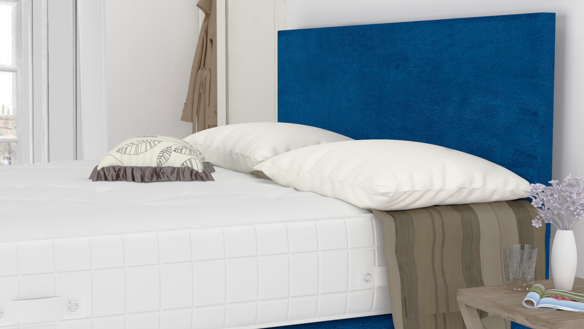 Blue Plush 5 Feet Divan Bed Set with Plain Headboard Option (Included Feet) And Free Memory Foam Mattress