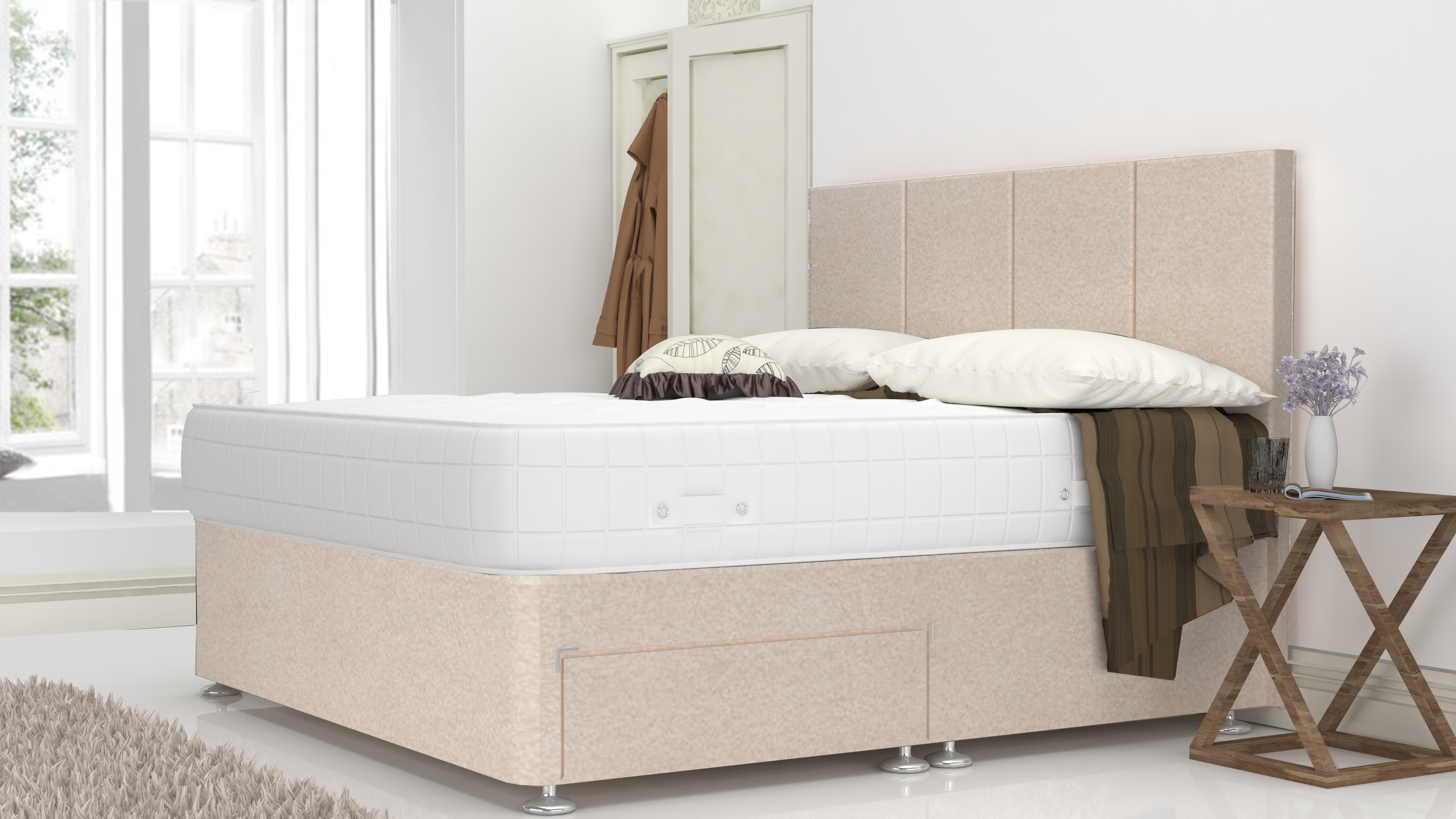 Cream Chanille 5 Feet Divan Bed Set With 4 Panel Headboard (Included Feet) And Free Tinsel Top Mattress