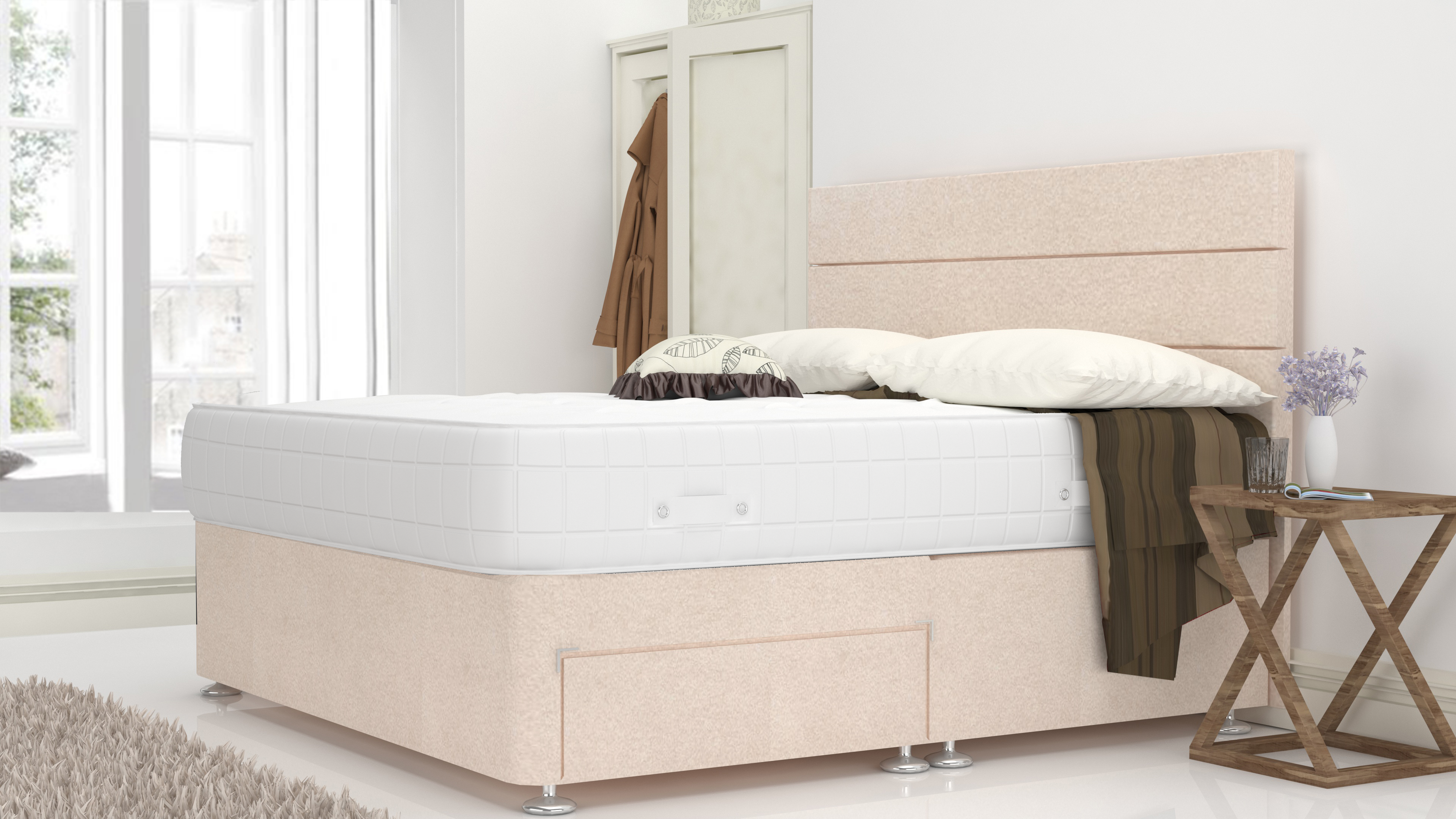 Cream Chanille 5 Feet Divan Bed Set With 3 Panel Headboard (Included Feet) And Free Pillow Top Mattress