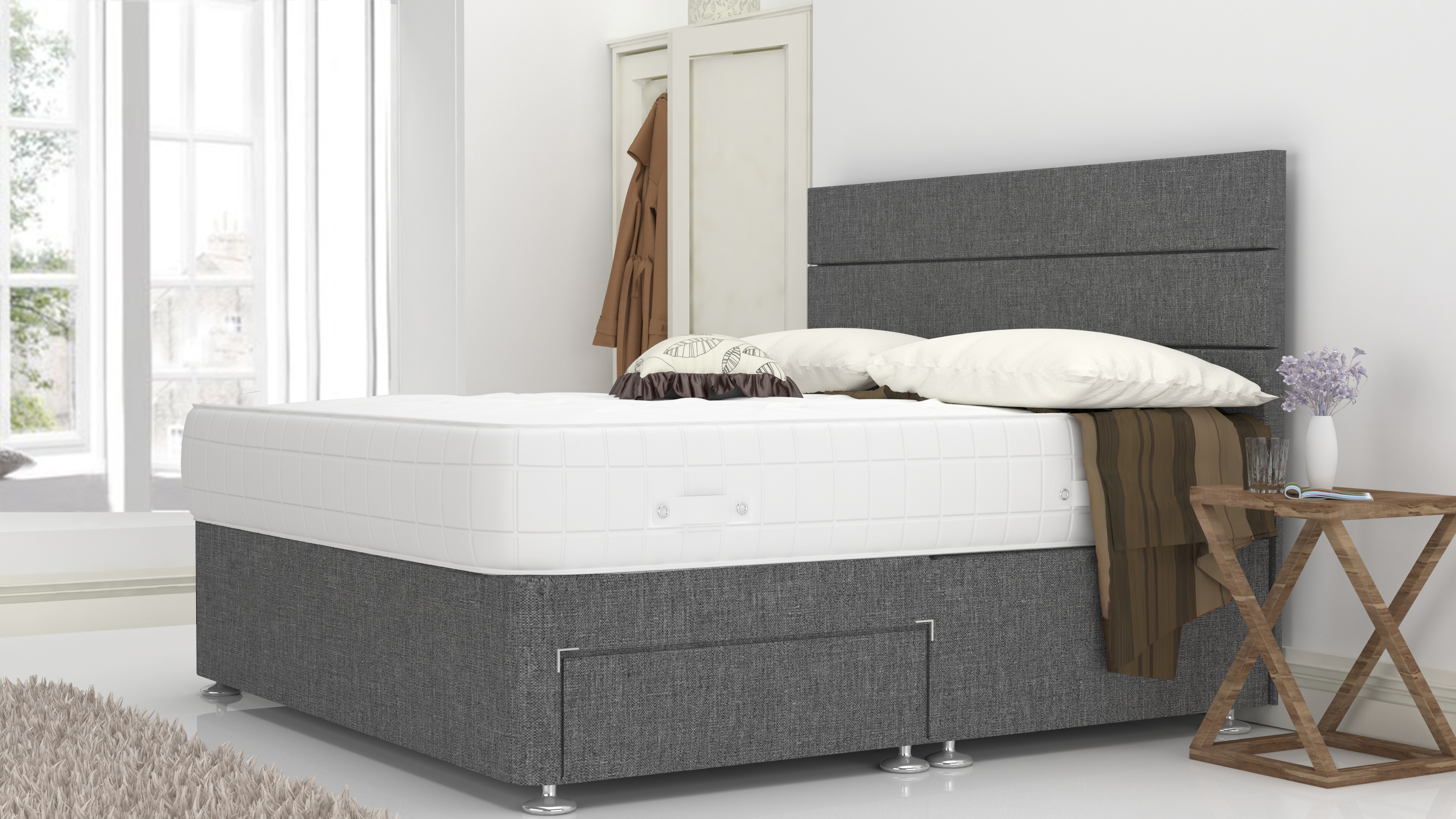 Grey Linen 5 Feet Divan Bed Set With 3 Panel Headboard (Included Feet) And Free Pillow Top Mattress