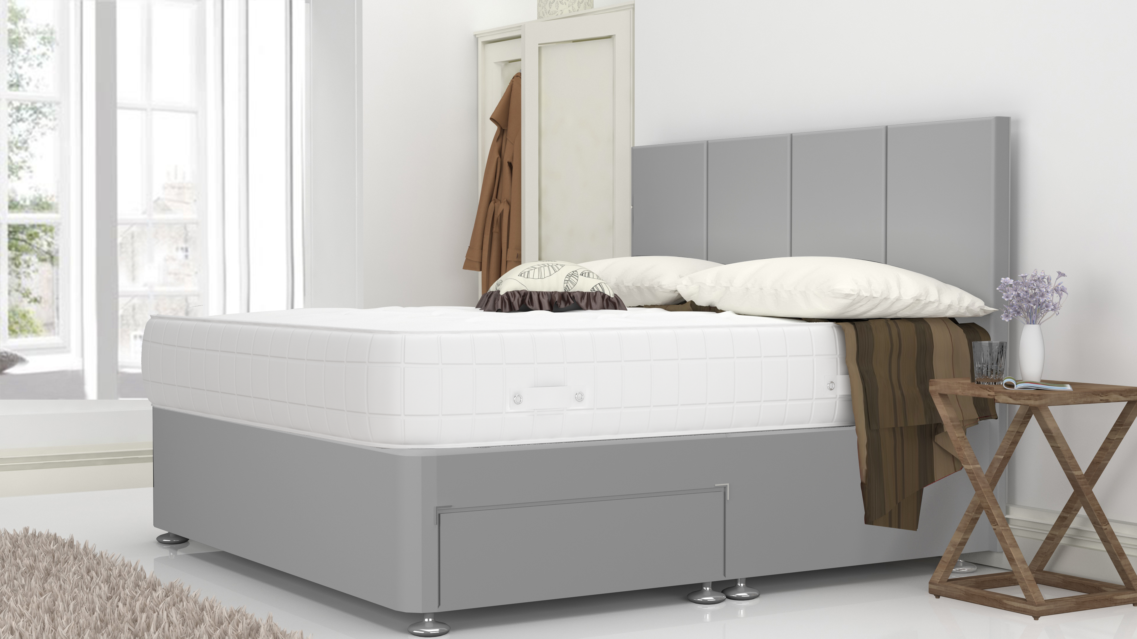 Grey Plush Suede 6 Feet Divan Bed Set With 4 Panel Headboard (Included Feet) And Free Tinsel Top Mattress