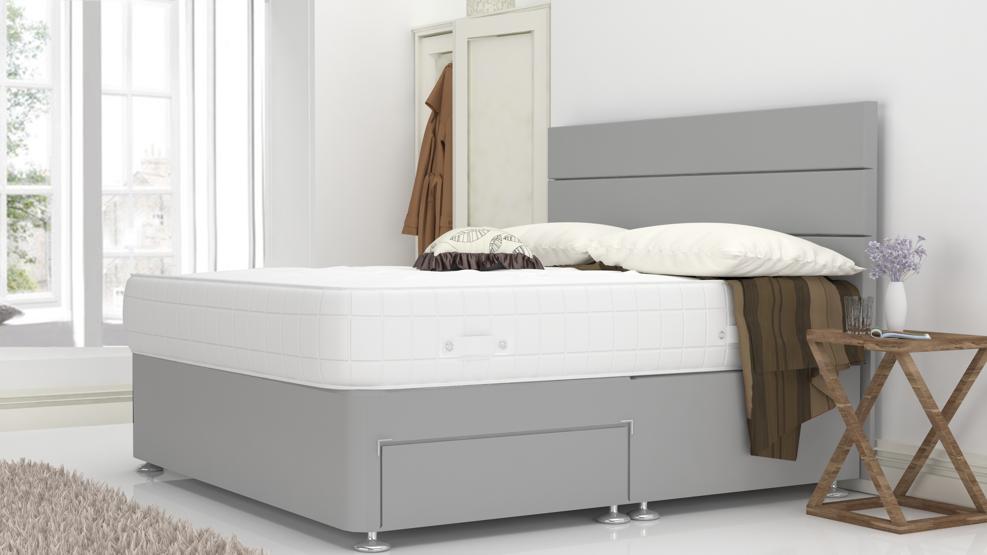Grey Plush Suede 6 Feet Divan Bed Set With 3 Panel Headboard (Included Feet) And Free Pillow Top Mattress