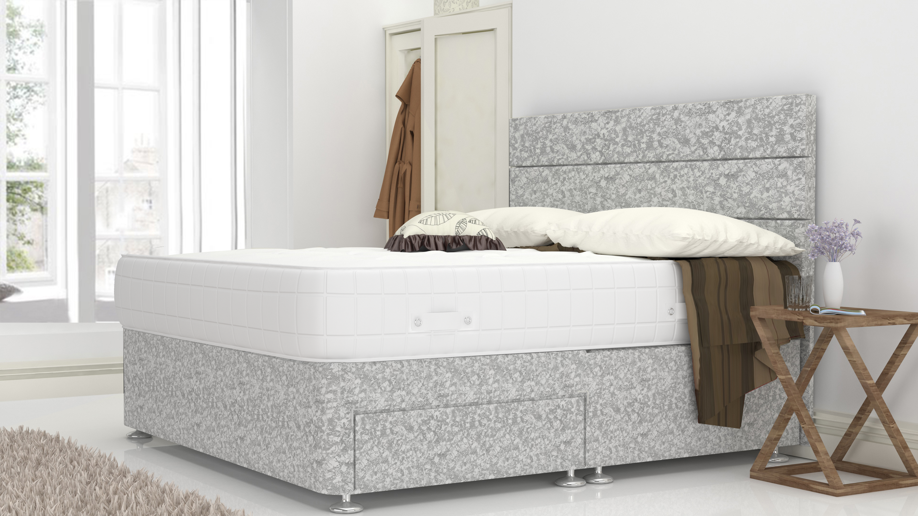 Silver Crushed 6 Feet Divan Bed Set With 3 Panel Headboard (Included Feet) And Free Pillow Top Mattress