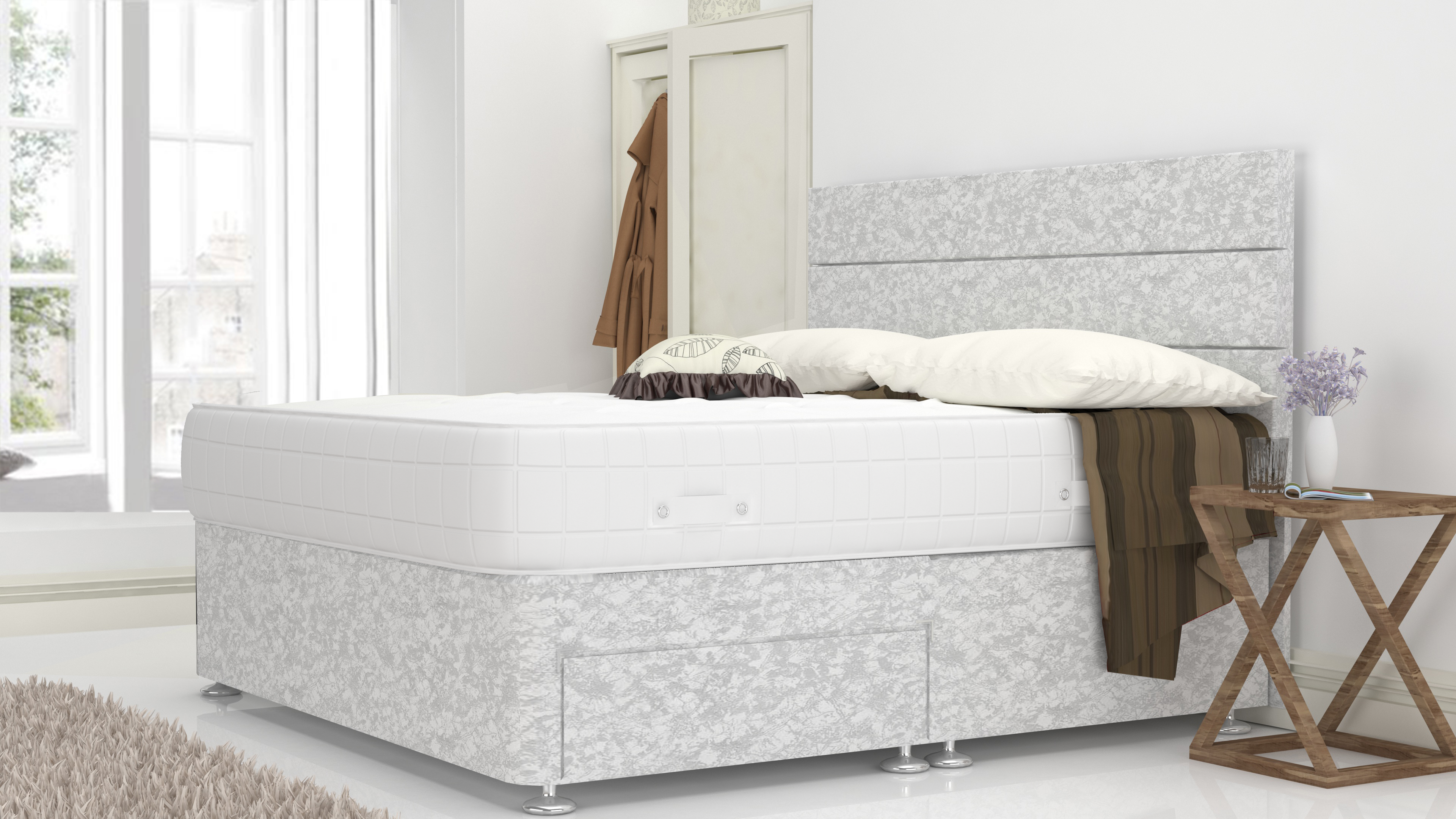 White Crushed Velvet Divan Bed With Free Pillow Top Mattress