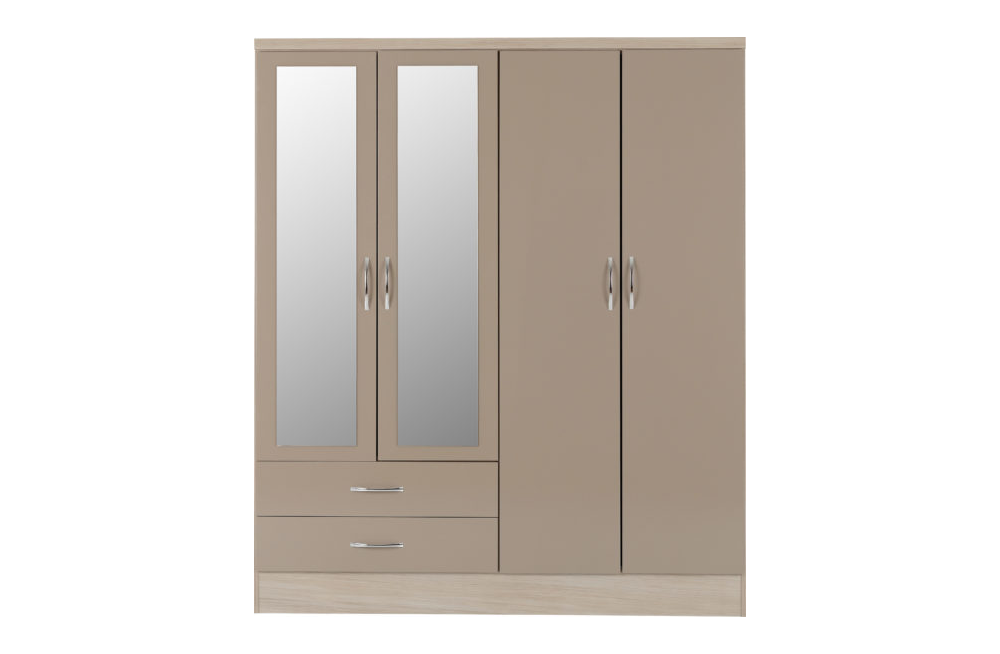 Nevada 4 Door 2 Drawer Mirrored Wardrobe - Oyster Gloss/Light Oak Effect Veneer