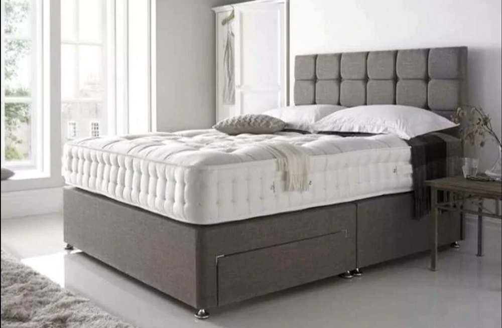 Grey Linen Divan Bed Set With Cube Headboard And Free Super 3000 Pocket Tinsel Mattress Free UK Delivery